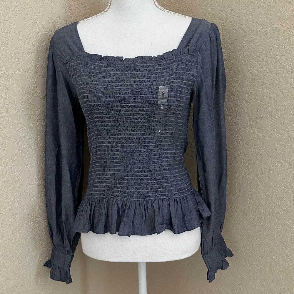 Tommy Jeans Smocked Peplum Square Neck in Chambray Blue